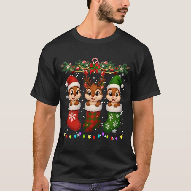 Chipmunk In Christmas Socks Lights Chipmunk Xmas L T-Shirt (Vorderseite)
