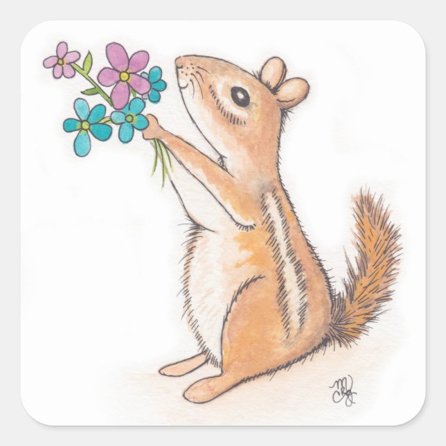 Chipmunk mit Blume Bouquet Quadratischer Aufkleber (Vorderseite)