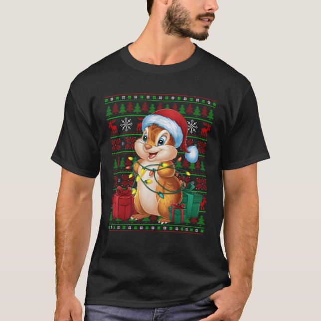 Chipmunk Xmas Lights Ugly Weihnachtsmannmütze Chip T-Shirt (Vorderseite)