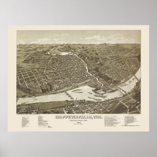 Chippewa Falls, panoramische Karte WI - 1886 Poster