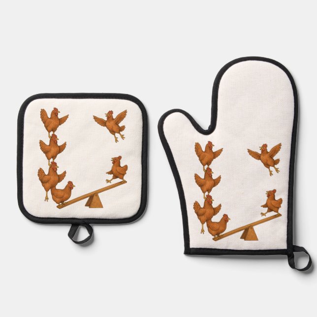 Chirpy Chickens acrobat squad Ofenhandschuh & Topflappen-Set (Vorderseite)