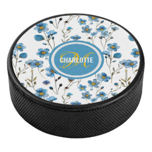 Chirurgisch blaues Blumenmuster mit Monogramm Name Eishockey Puck