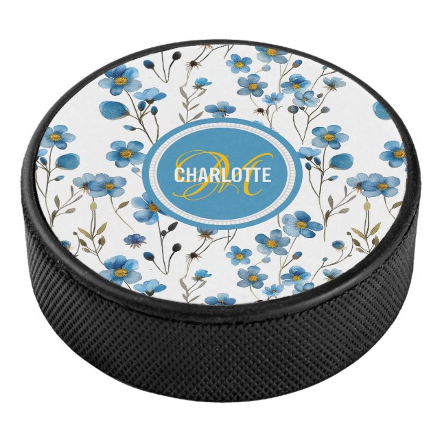 Chirurgisch blaues Blumenmuster mit Monogramm Name Eishockey Puck (3/4)