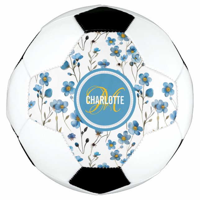 Chirurgisch blaues Blumenmuster mit Monogramm Name Fußball (Vorderseite)