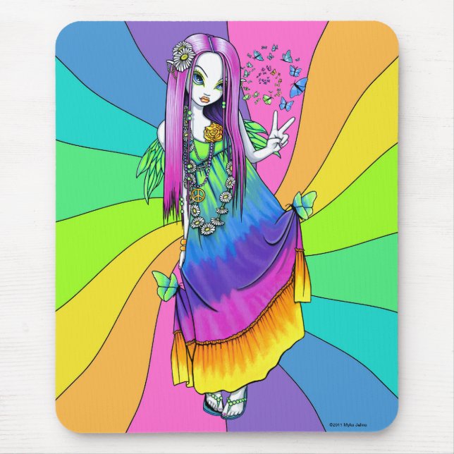 "Chloe" Regenbogen-Friedenshippie-Fee Mousepad (Vorne)