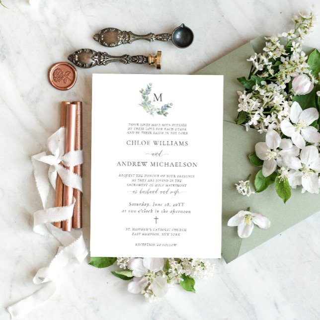 Chloe Simple Elegant Grüne Katholische Hochzeit Einladung (Chloe elegant Catholic wedding invitation with monogram and greenery)