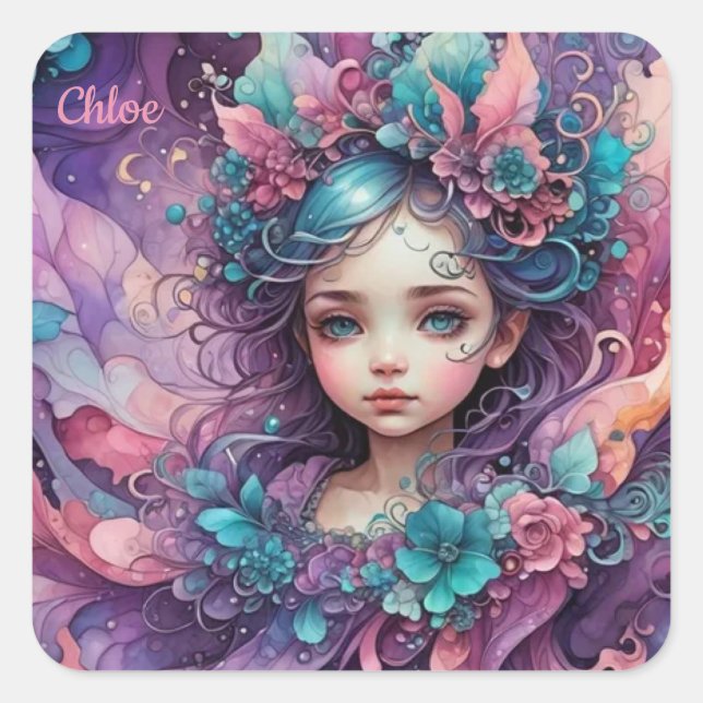 CHLOE ~ WOW! Fairy Pink Blue Lavender ~ Quadratischer Aufkleber (Vorderseite)