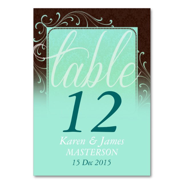 Choc Mint Damask Dream Wedding Tischnummer Card (Vorderseite)
