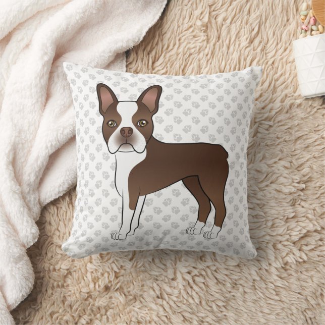 Chocolate Boston Terrier Cartoon Dog Illustration Kissen (Decke)