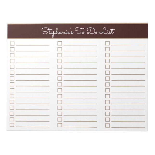 Chocolate Brown 8.5x11 Three Column Checklist Notizblock (Vorderseite)