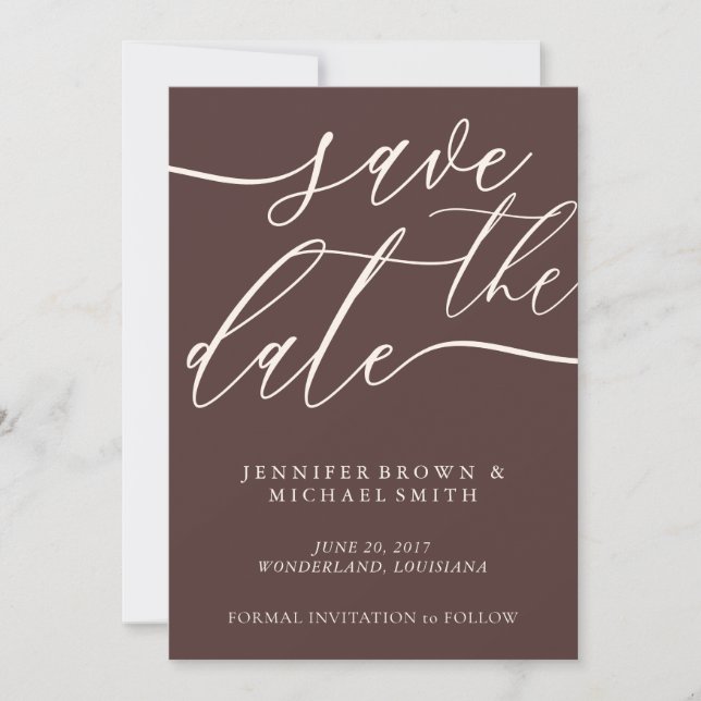 Chocolate Brown Custom Photo Calligraphy Save The Date (Vorderseite)