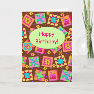 Chocolate Brown Patchwork Quilt Art Happy Birthday Karte