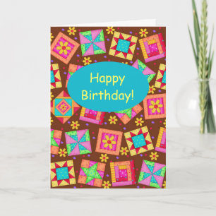 Chocolate Brown Patchwork Quilt Art Happy Birthday Karte