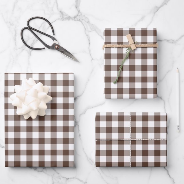 Chocolate Brown Plaid Gingham Geschenkpapier Set (Vorderseite)