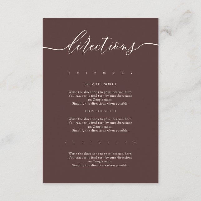 Chocolate Brown Simple Wedding Directions Begleitkarte (Vorderseite)