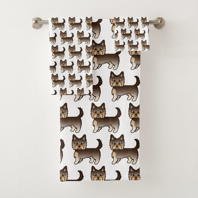 Chocolate Brown Yorkshire Terrier Dog Pattern Badhandtuch Set (Insitu)