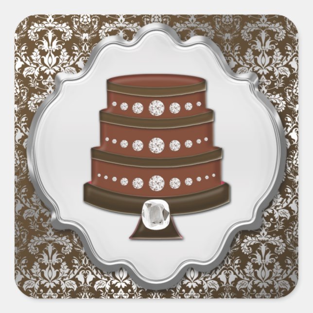 Chocolate Cake Couture Damask Square Bakery Label Quadratischer Aufkleber (Vorderseite)