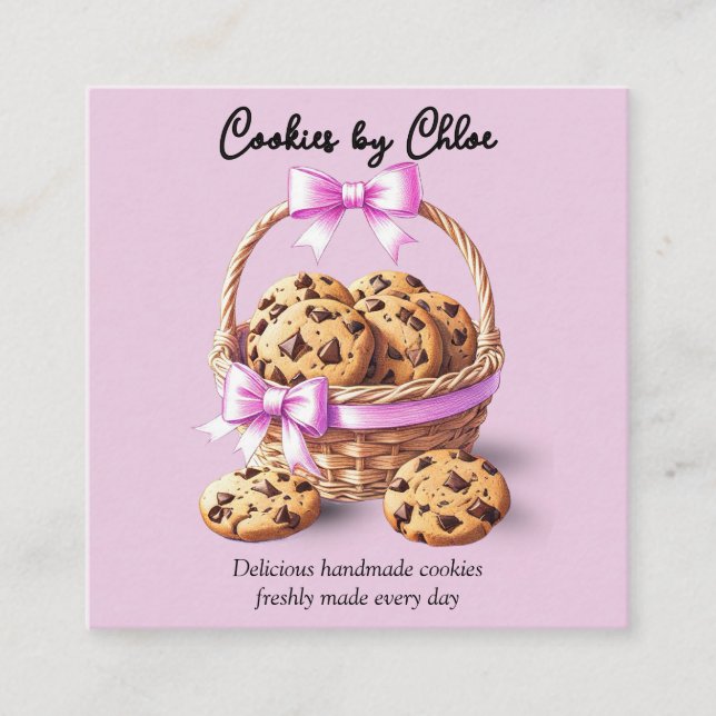 Chocolate Chip Cookies in Basket with Pink Bow Quadratische Visitenkarte (Vorderseite)