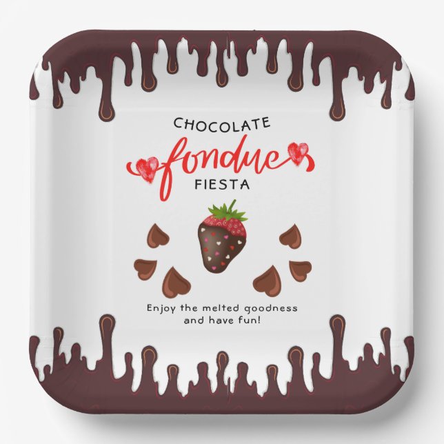 Chocolate Fondue Fiesta Strawberry Hearts Birthday Pappteller (Vorderseite)