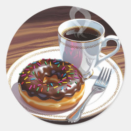 Chocolate Frosted Donut and Coffee  Runder Aufkleber