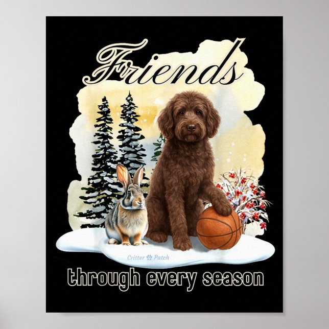 Chocolate-Goldendoodle und Freund im Winterschnee  Poster (Vorne)