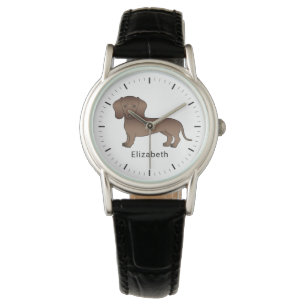 Chocolate Kurzhaar-Dachshund-Cartoon-Hund & Name Armbanduhr