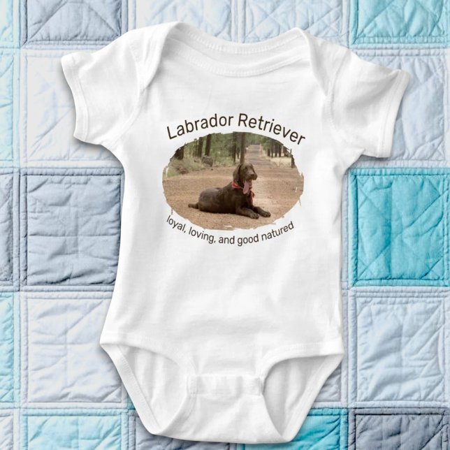 Chocolate Lab On A Forest Trail Replaceable Photo Baby Strampler (baby body suit with replaceable photo)