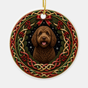 Chocolate Labradoodle keltischer Kranz Weihnachten Keramik Ornament