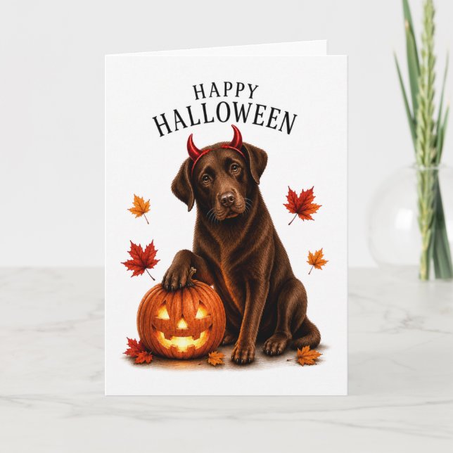Chocolate Labrador Halloween Teufelshund Karte (Vorderseite)