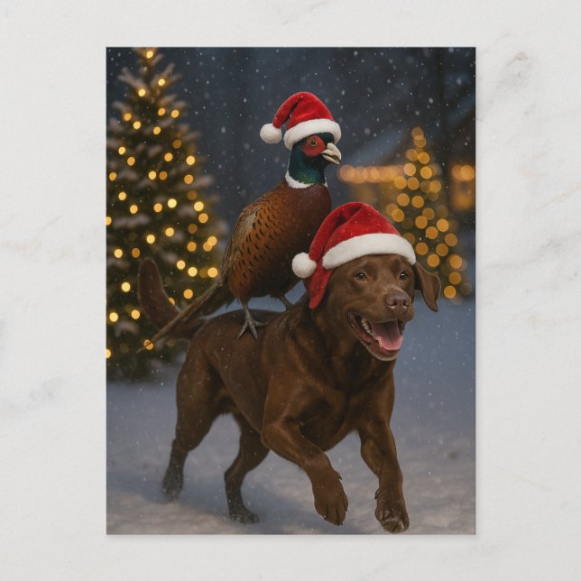 Chocolate Labrador & Partridge Christmas postcard Postkarte (Vorderseite)