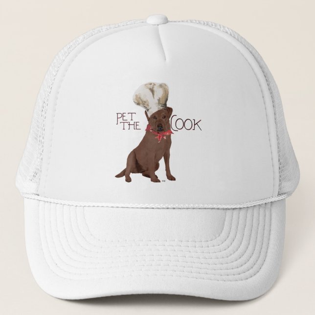 Chocolate Labrador Retriever Chef Truckerkappe (Vorderseite)