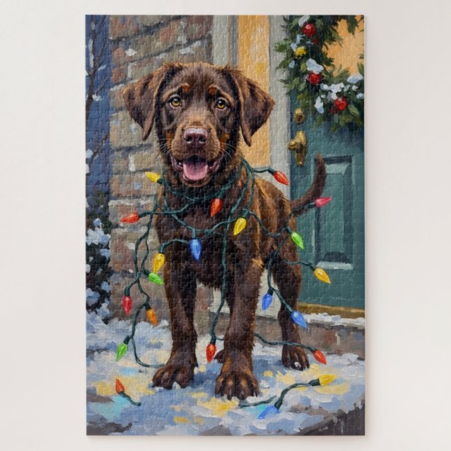 Chocolate Labrador Tangled in Christmas Lights Puzzle (Vertikal)