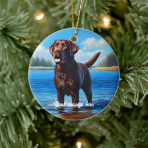 Chocolate Labrador und Blue Lake Keramik Ornament