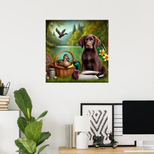 Chocolate-Labrador-Welpe an einem See mit Enten Poster