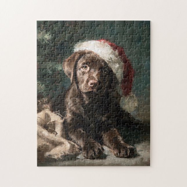 Chocolate-Labrador-Welpen-Weihnachtsbild Puzzle (Vertikal)