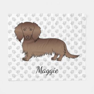 Chocolate Langhaar-Dachshund-Cartoon-Hund & Name Fleecedecke