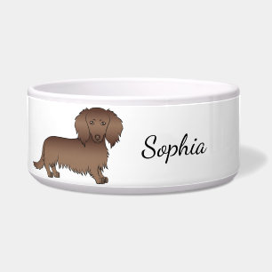 Chocolate Langhaar-Dachshund-Cartoon-Hund & Name Napf