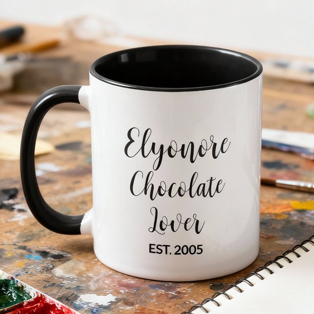 Chocolate Lover Black Script Personalized Name Est Tasse (Von Creator hochgeladen)