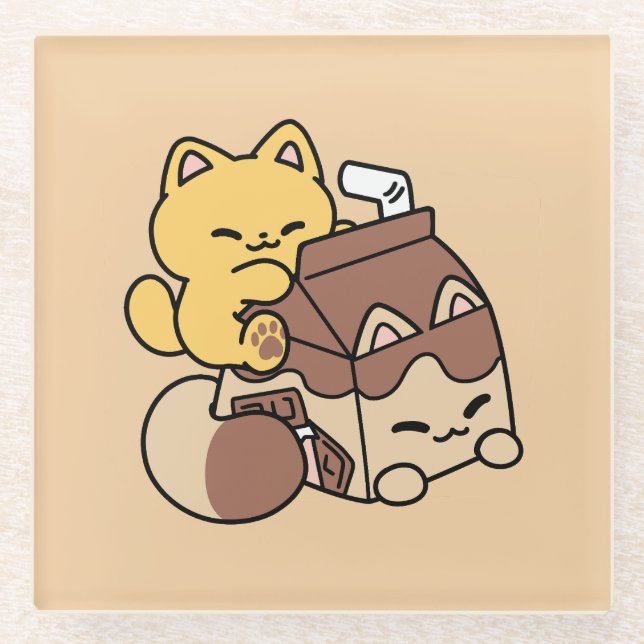 Chocolate Milk Sipping on Bliss – Kawaii Cat Food  Glasuntersetzer (Vorderseite)
