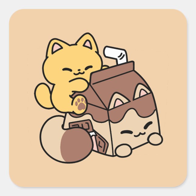 Chocolate Milk Sipping on Bliss – Kawaii Cat Food  Quadratischer Aufkleber (Vorderseite)