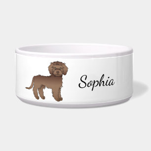 Chocolate Mini Goldendoodle Hund stehend & Name Napf