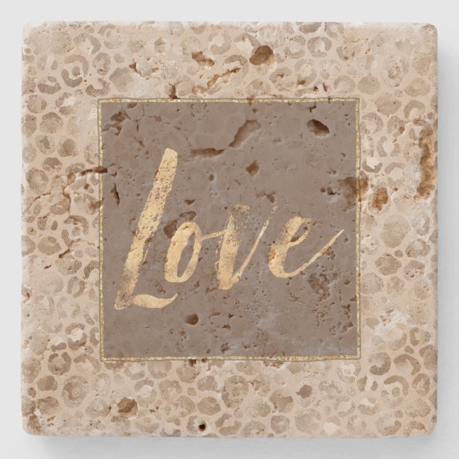 Chocolate Mocha Leopard Print Gold Love Square Steinuntersetzer (Vorderseite)