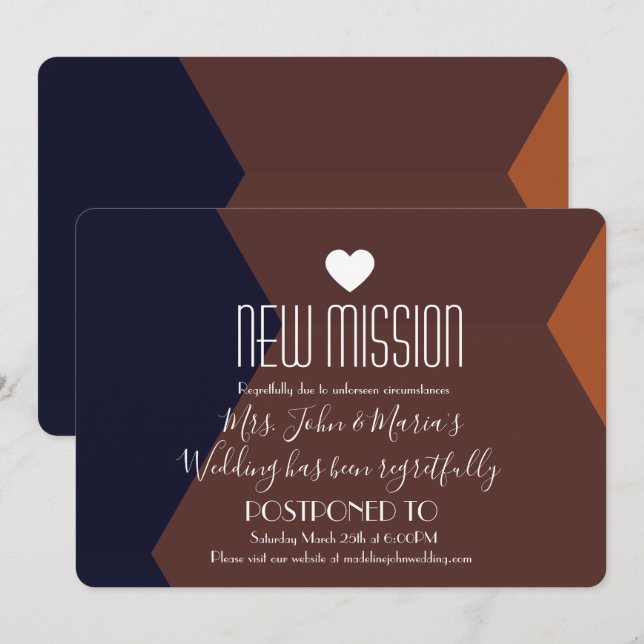 Chocolate Terracotta Neue Mission Postponation Einladung (Vorne/Hinten)