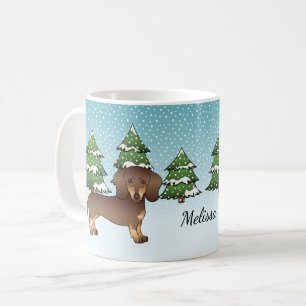 Chocolate und Tan Kurzhaar-Dachshund im Winter Kaffeetasse