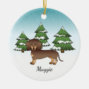 Chocolate und Tan Kurzhaar-Dachshund im Winter Keramik Ornament