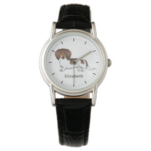 Chocolate- und Tan-Piebald Langhaar-Dachshund und Armbanduhr