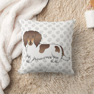 Chocolate- und Tan-Piebald Langhaar-Dachshund und Kissen