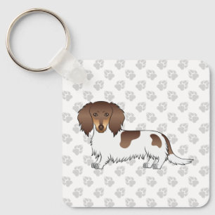 Chocolate- und Tan-Piebald Langhaar-Dachshund und Schlüsselanhänger