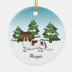 Chocolate- und Tan-Pied Langhaar-Dachshund im Wint Keramik Ornament