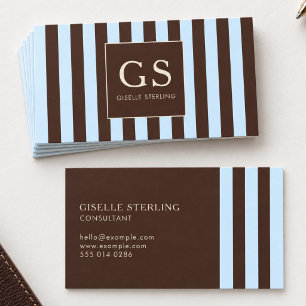 Chocolatebraun Blau Gestreiftes Monogramm Visitenkarte